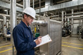 Spécialiste en échange thermique industriel inspectant un échangeur de chaleur dans une usine de fabrication