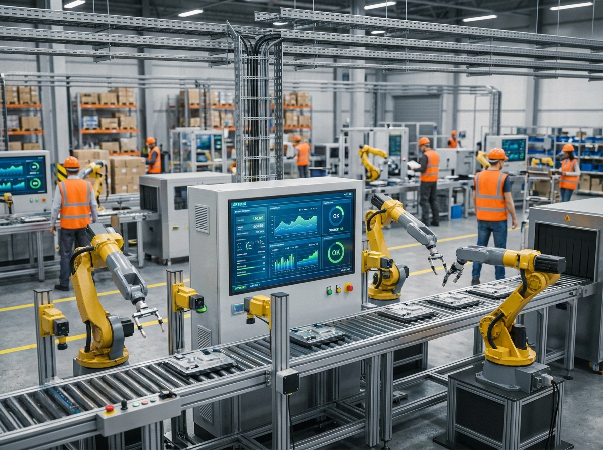 Station de contrôle qualité automatisée avec bras robotiques et tableau de bord de données en temps réel dans une usine moderne