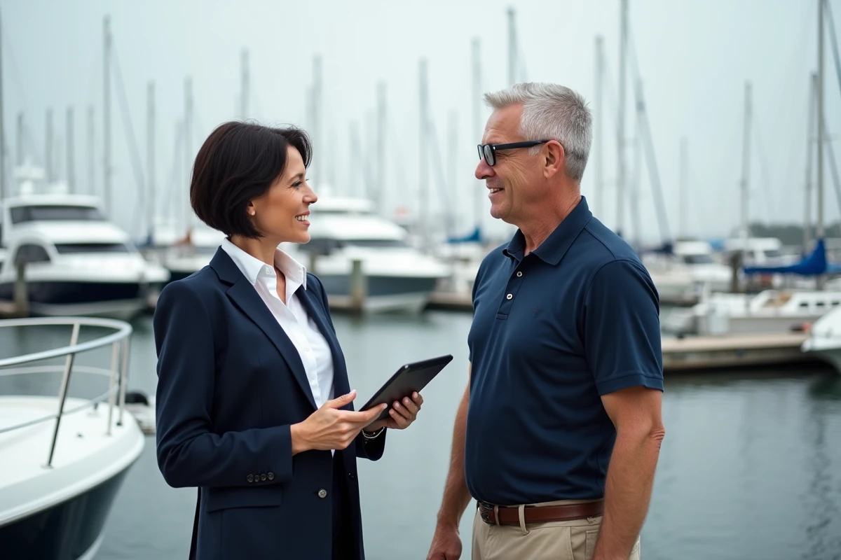 Femme d'affaires présentant une stratégie marketing numérique à un concessionnaire de bateaux sur un ponton de marina