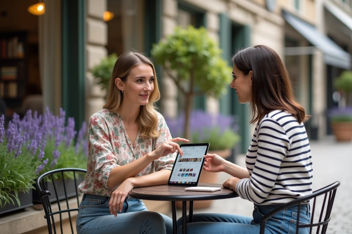 Deux femmes entrepreneures discutant de la stratégie de publication Instagram sur une tablette en terrasse de café