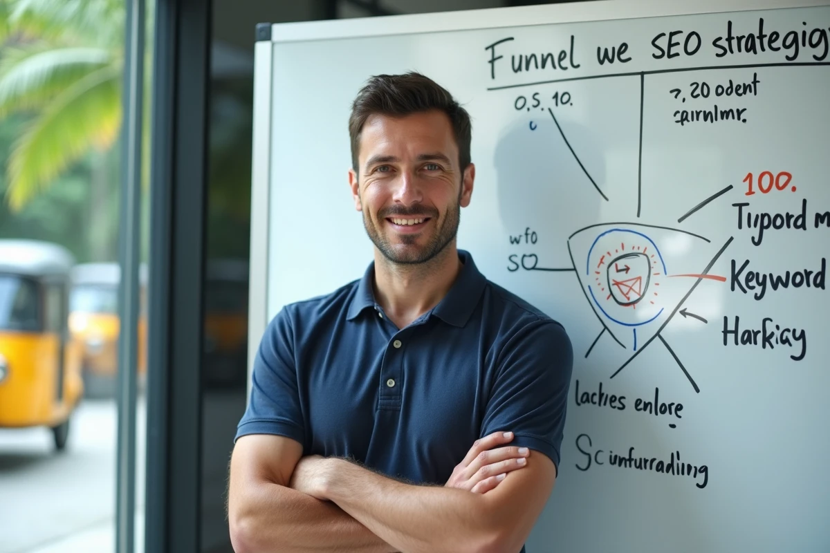 Stratégiste SEO présentant une cartographie de mots-clés Google sur un tableau blanc dans une salle de réunion moderne à Chiang Mai