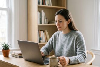 Femme travaillant sur son ordinateur portable dans un bureau à domicile bien organisé pour suivre ses mots-clés SEO