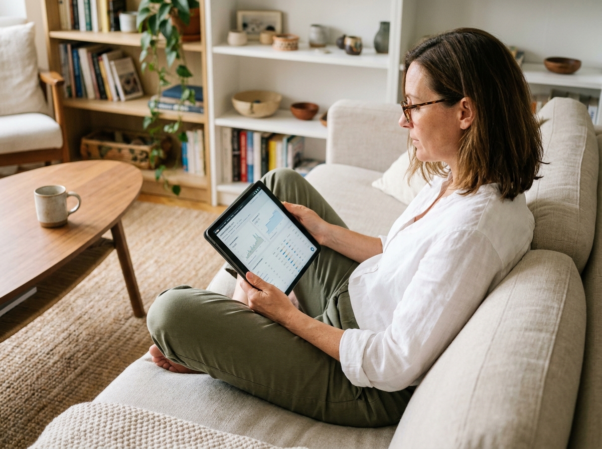 Femme consultant des statistiques de suivi de mots-clés sur une tablette depuis son salon à domicile