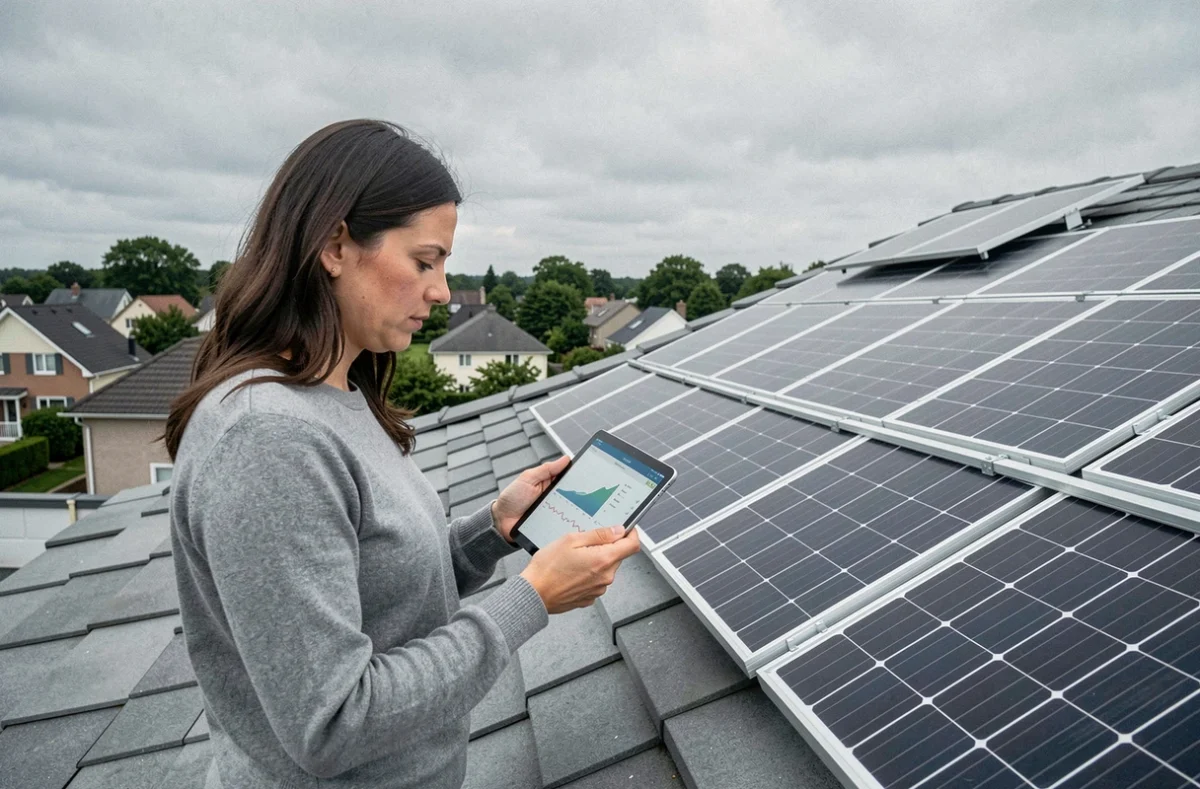 Femme consultant un tableau de bord de production solaire sur tablette sur un toit équipé de panneaux photovoltaïques dans un quartier résidentiel