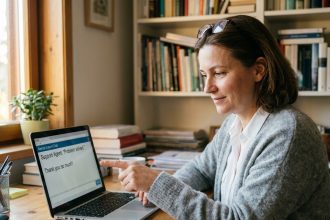 Femme utilisant une interface de support à distance simplifiée sur son ordinateur portable depuis son bureau à domicile