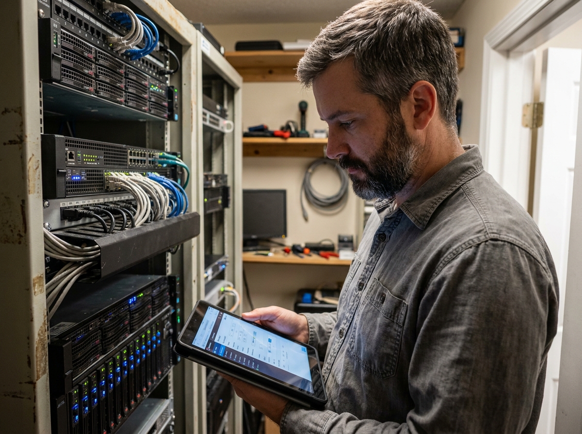 Technicien informatique d'une PME configurant un pare-feu dans une salle serveur compacte