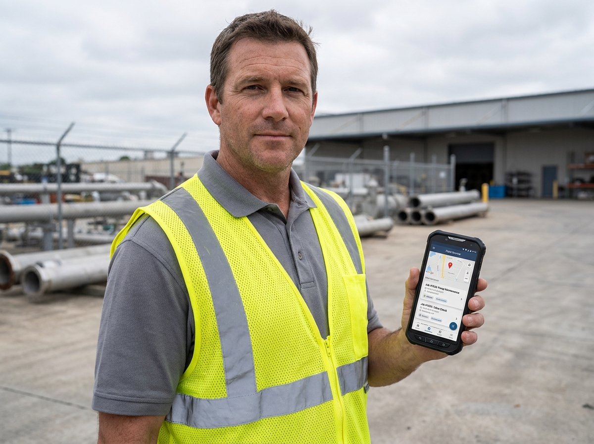 Technicien terrain en gilet de sécurité consultant une application de suivi d'interventions sur smartphone dans un environnement industriel