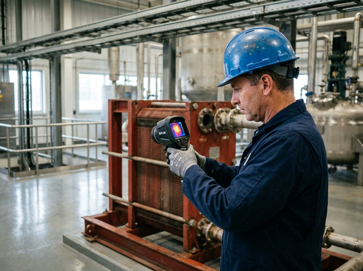 Technicien spécialisé effectuant un contrôle thermographique sur un échangeur de chaleur industriel