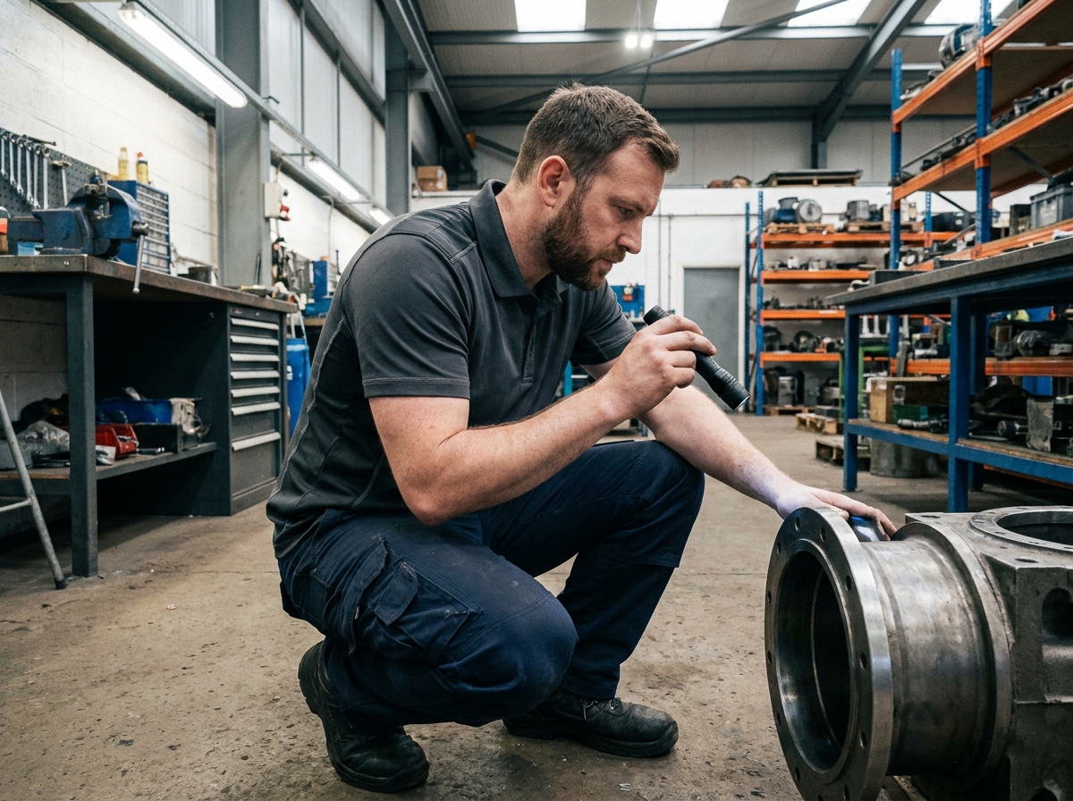 Technicien en vêtements de travail fonctionnels et résistants dans un atelier industriel, mettant en valeur l'aspect pratique de la tenue professionnelle