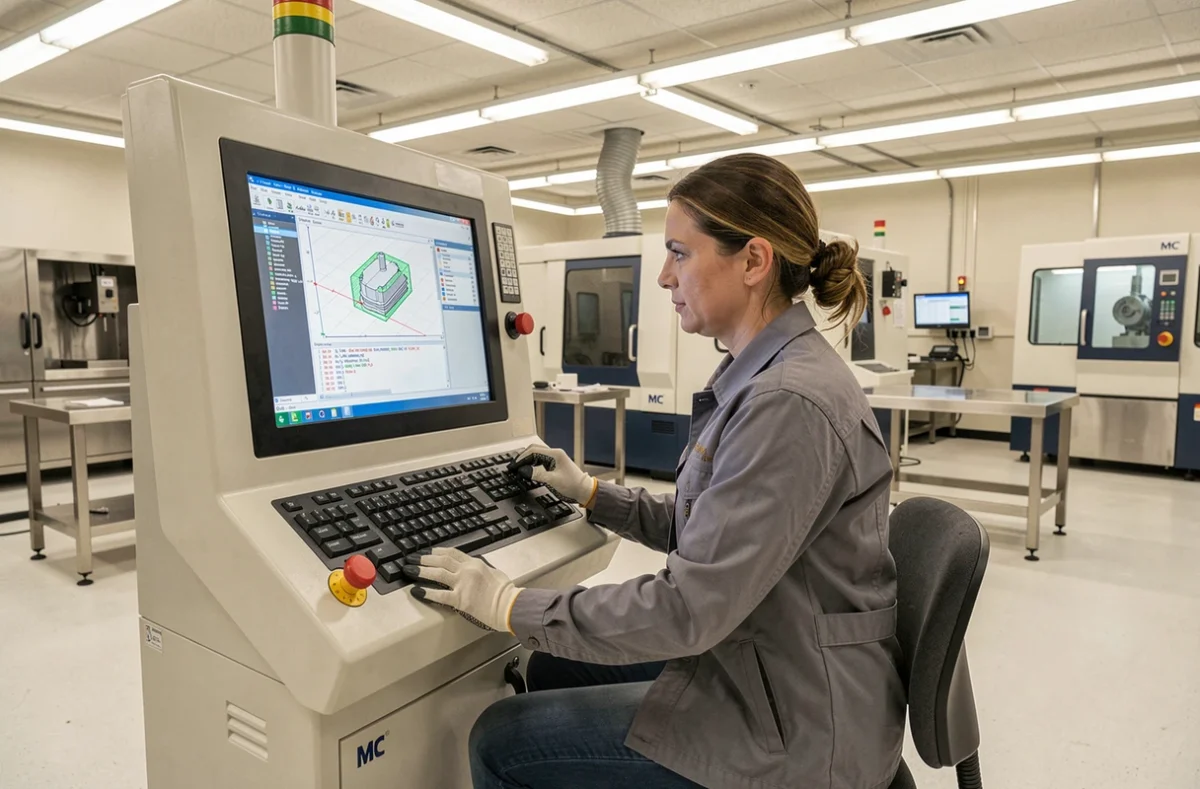 Technicienne CNC travaillant sur une interface tactile de commande numérique MC dans un atelier de précision moderne