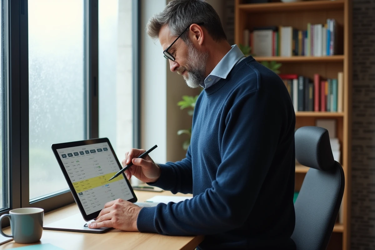 Homme en télétravail annotant un tableau de jours travaillés et de RTT 2026 sur une tablette dans un bureau à domicile