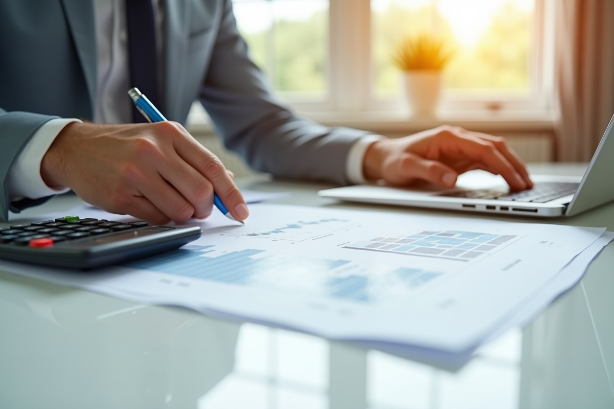 Mains travaillant sur un rapport financier avec graphiques et calculatrice