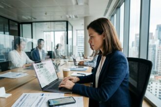 Travel Manager femme consultant itinéraires voyages entreprise bureau moderne