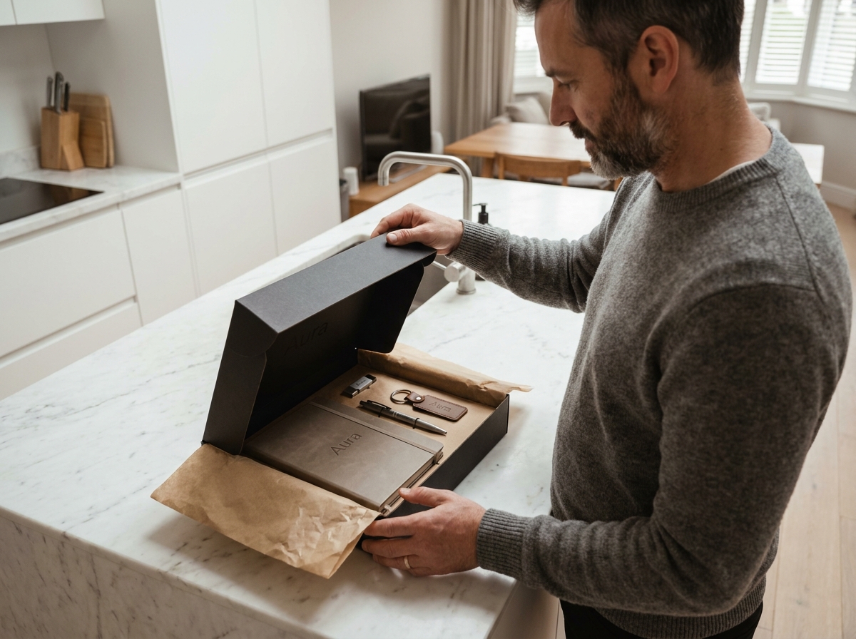 Homme déballant un coffret de goodies personnalisés haut de gamme sur un plan de travail en marbre, mettant en valeur l'unboxing d'objets publicitaires de marque pour la fidélisation client