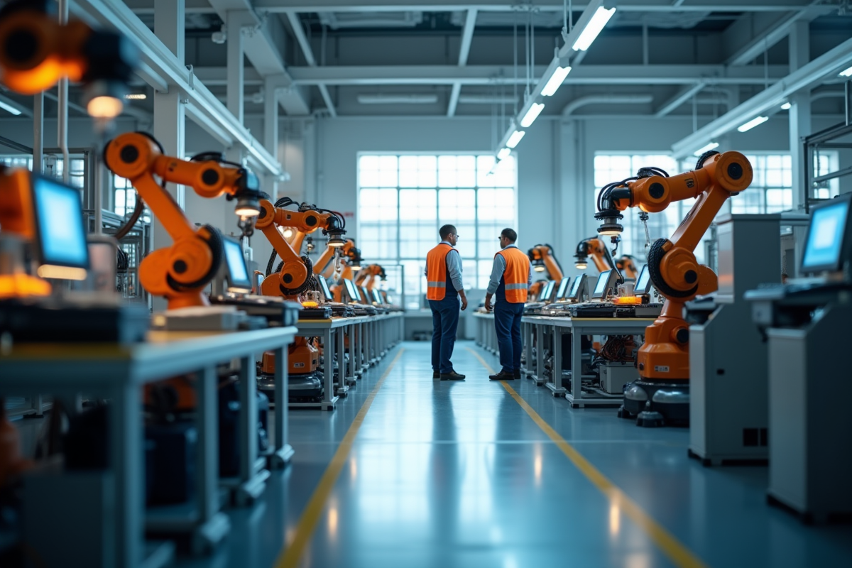 Usine moderne avec bras robotisés et ouvriers en sécurité