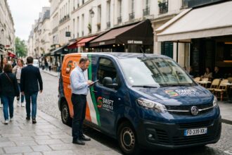Véhicule utilitaire d'entreprise avec covering publicitaire complet garé dans une rue commerçante de Paris