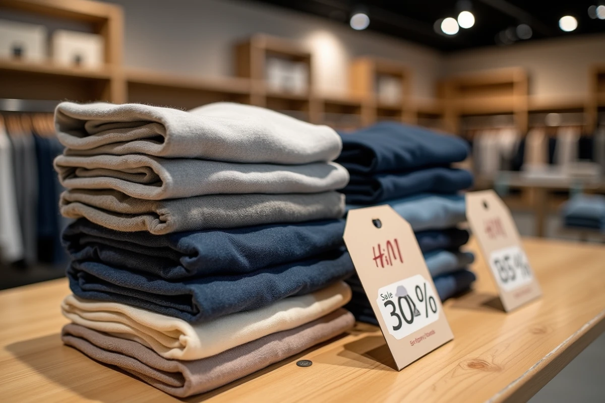 Vêtements H&M en soldes sur une table dans un magasin en cours de fermeture