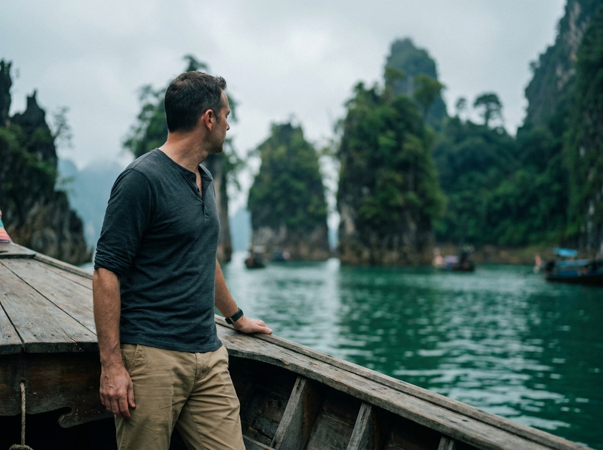 Voyageur admirant les formations karstiques de la baie d'Ha Long depuis un bateau traditionnel vietnamien