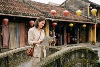 Voyageuse consultant une carte dans la vieille ville de Hoi An au Vietnam, ambiance authentique et dépaysante